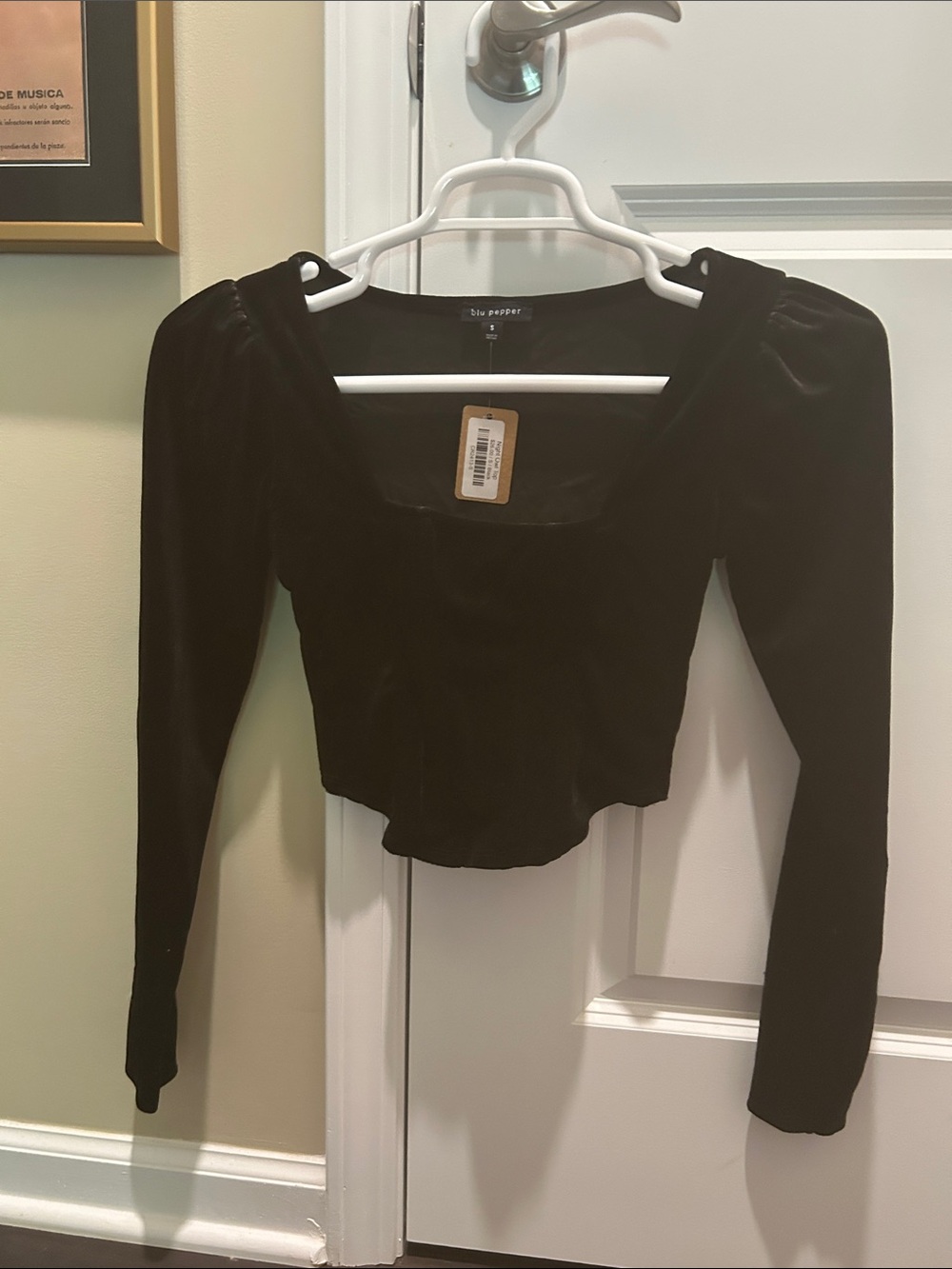 Blu Pepper Black Velvet Long Sleeve Square Neck Puff Shoulder Top